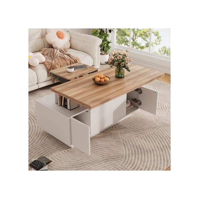 Table basse moderne - MUVOE - Double mécanisme de levage - Espace de rangement caché - Charge max. 50 kg blanc