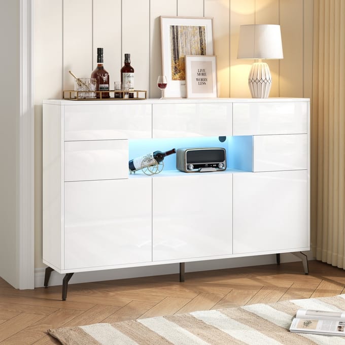 Sweiko Dressoir - 3 lades - Hoogglans - LED-verlichting - Metalen poten - MDF - Wit