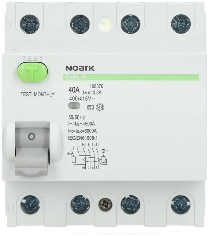 Noark aardlekschakelaar 4-polig 40A 300mA type A (Ex9L-N 4P 40A A 300mA)