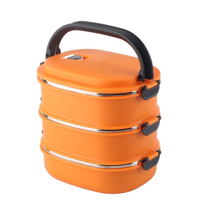 Boîte à Bento 3 Couches Acier Inoxydable Portable Isotherme Récipients à Déjeuner pour Bureau École Orange L orange
