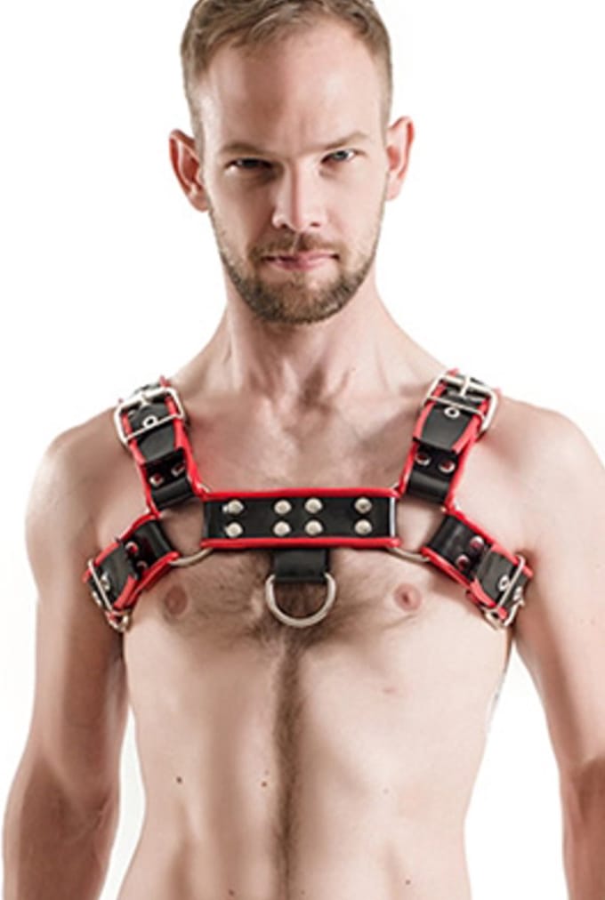 Mister B rubber borstharnas - zwart - rood - S/M