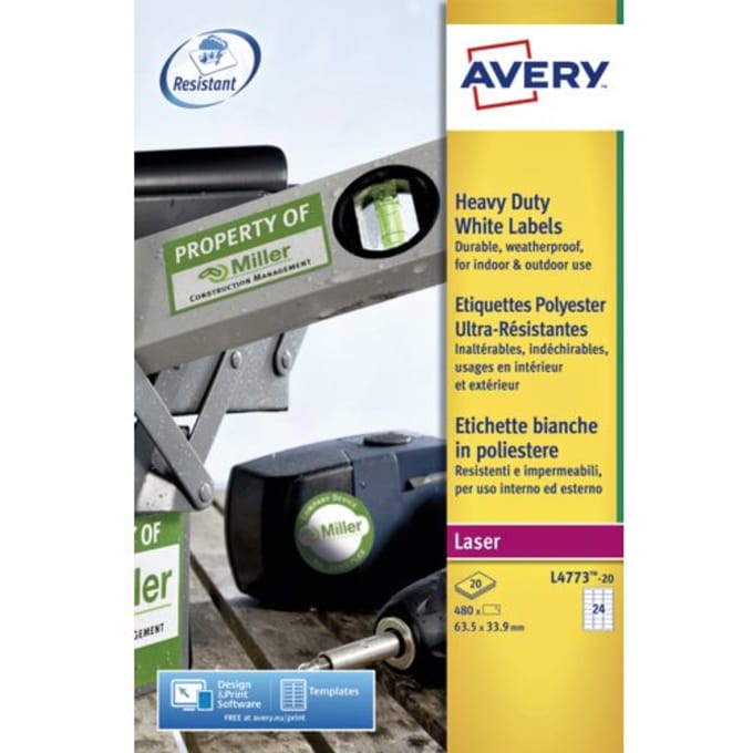 Etiket avery l4773-20 63.5x33.9mm polyester wit 480 etiketten