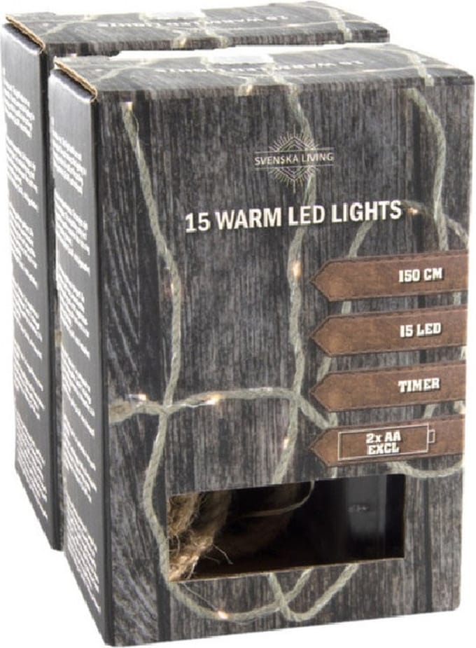 Svenska Living touwverlichting - 2x - met 15 micro leds - batterij- 150 cm