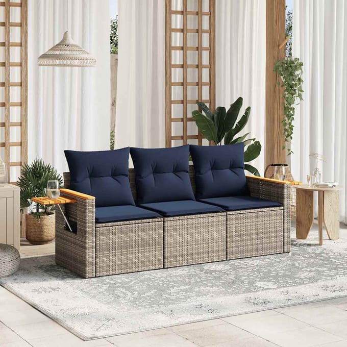 vidaXL - 3-delige - Loungeset - met - kussens - poly - rattan - grijs