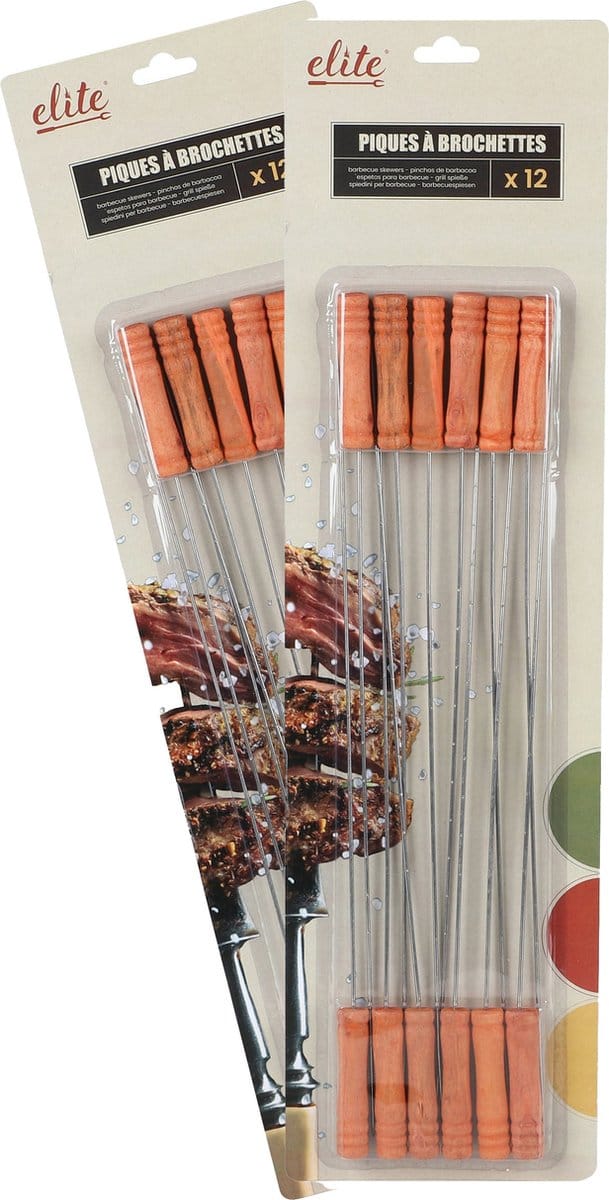 Elite Barbecue spiesen - 24x - metaal/hout - 39 cm - BBQ vleespennen