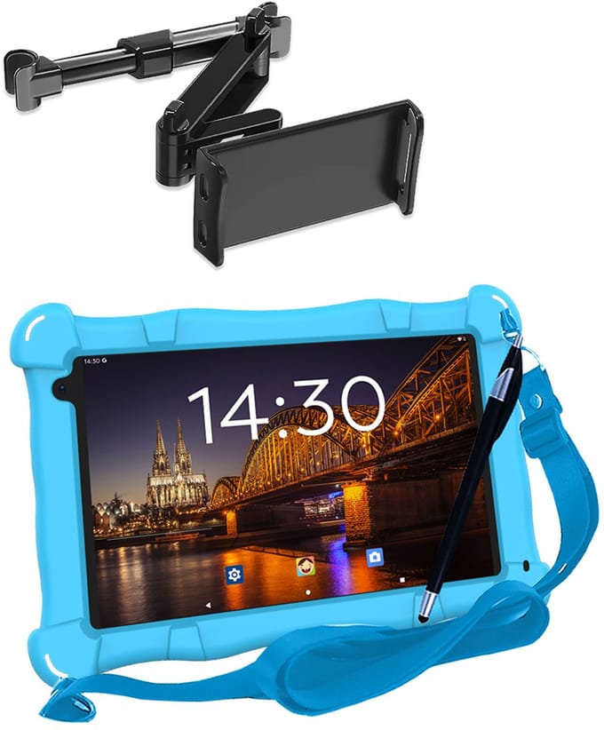 AngelTech OnderwegPakket SLIM – Kindertablet SLIM + Tablethouder - Android 15 -Kindertablet Vanaf 3 Jaar – Kinder Tablet – Kids Tablet - Tablet voor Kinderen - Blauw