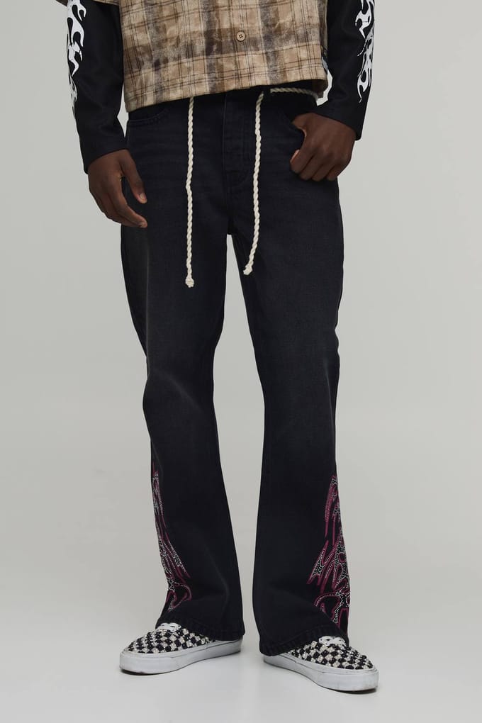 Uitlopende Jeans Met Touwriem En Versierde Print | Washed Black | Size 36