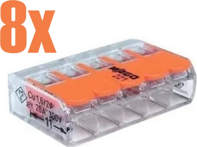 WAGO 221-415/996-008 221 Verbindingsklem Flexibel: 0.14-4 mm² Massief: 0.2-4 mm² Aantal polen: 5 8 stuk(s) Transparant, Oranje