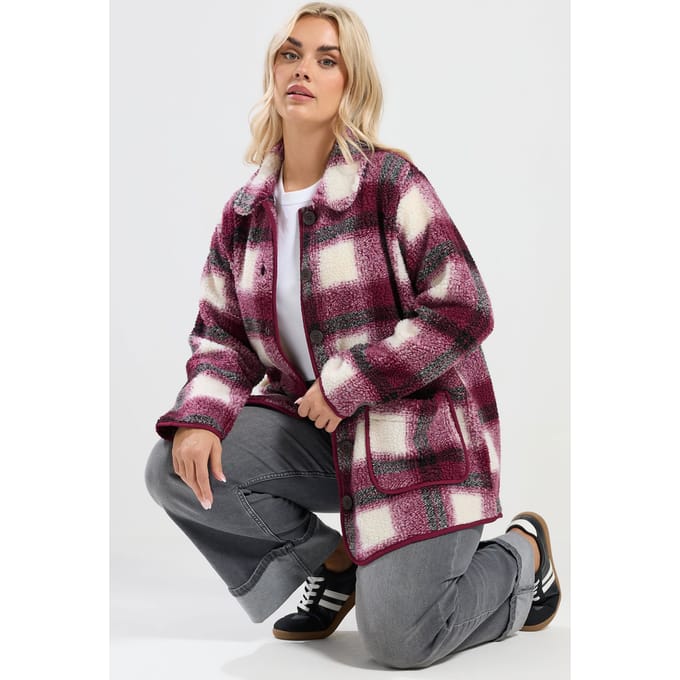 Yours Bordeauxrode Fleecejas Met Ruiten Size 46