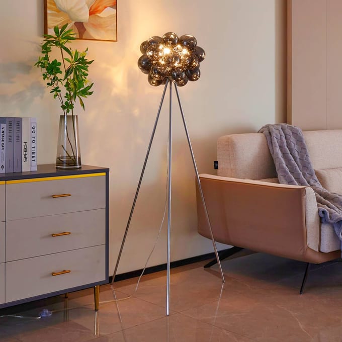 Lucande - vloerlamp - 3lichts - Glas, ijzer - H: 150 cm - G9 - rookgrijs