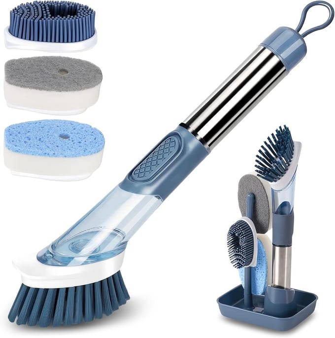 Vaatwasser en zeepdispenser met afwasborstel in blauw voor efficiënt schoonmaken