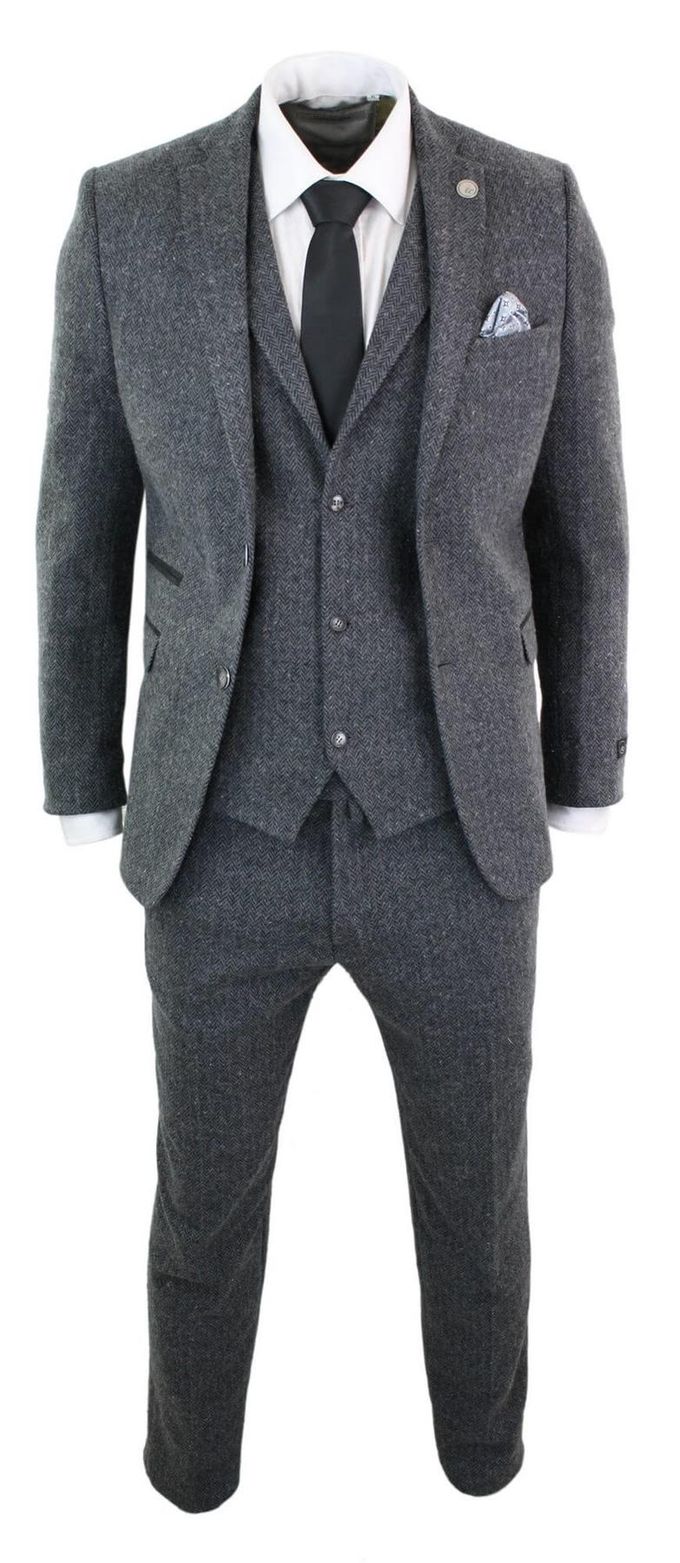 Heren 3-delige Antracietgrijze Haringbone-Tweed Streeppak