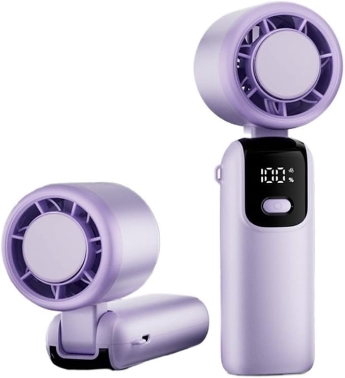 Handventilator - Draagbare Handheld-Turboventilator – Oplaadbare Ventilator met Inklapbare Nek-Tafelstandaard – Digitaal Display en Zakformaat - Paars