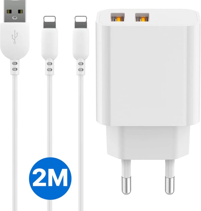 Usb Lader geschikt voor iPhone & iPad - Usb naar Lightning kabel 2 meter - Dubbele usb oplader geschikt voor iPhone 6/7/8/X/SE/11/12/13/14
