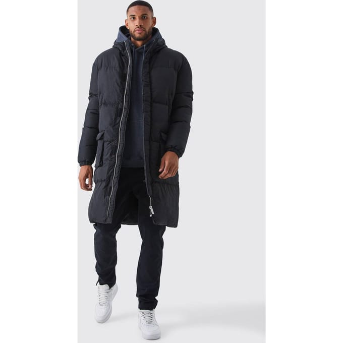 Lang 4-zak lange capuchon pufferjas in zwart | Black | Size Small