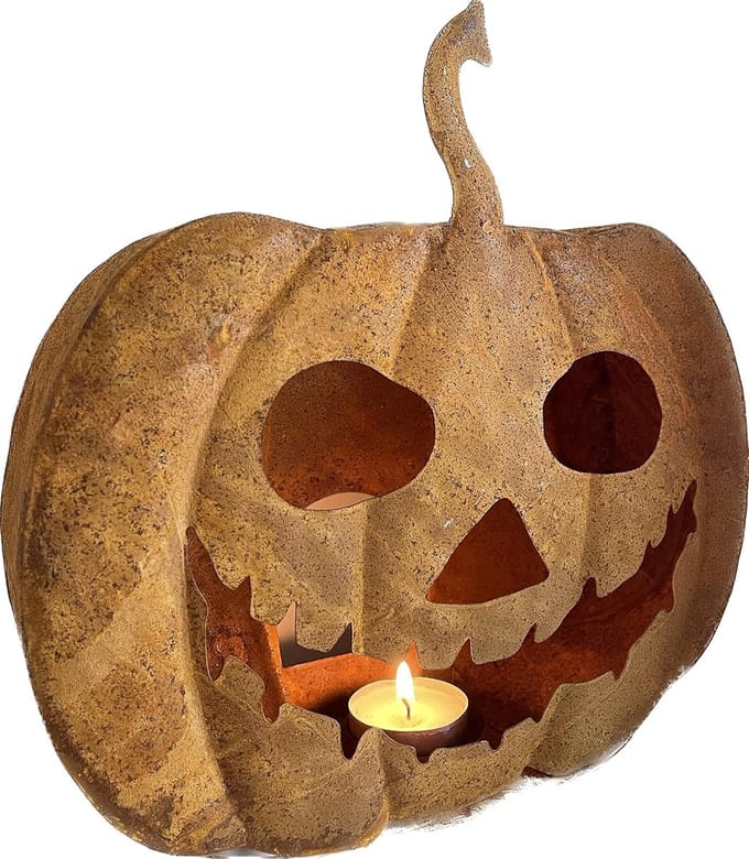 Herfstdecoratie: roestlantaarn pompoen, groot, metaal, Halloween
