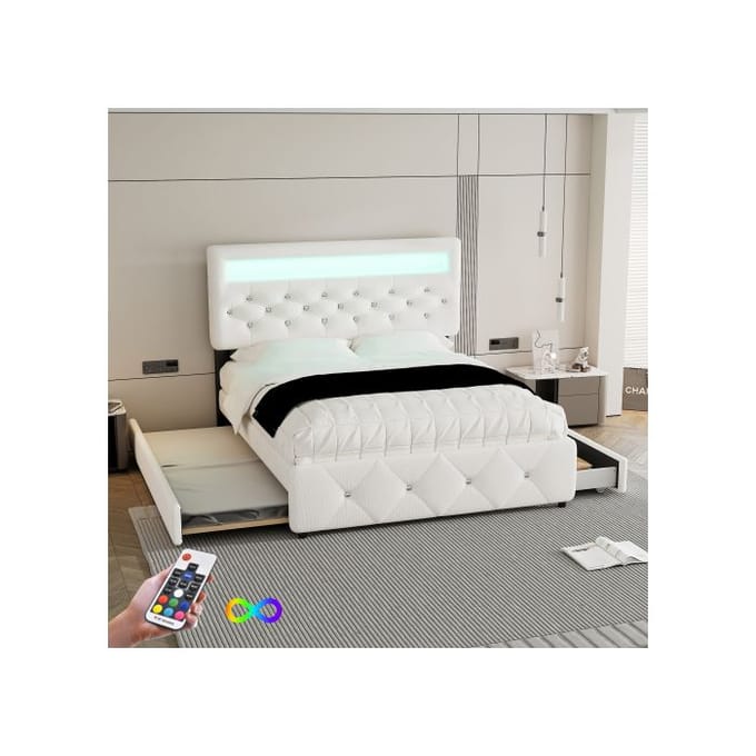 Gestoffeerd bed - MUVOE - 140x200 cm - Wit - 2 lades - Elegant design wit