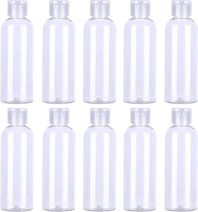 Allecta - Set van 10 transparante reisflessen van 100 ml met flipdop en trechter