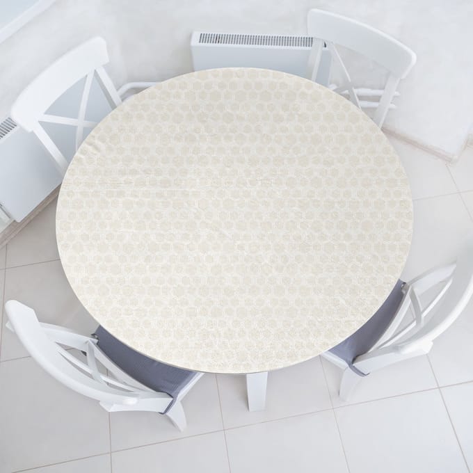 ABAKUHAUS Abstract Elastisch Rond Tafelkleed, Basis en Modern Zeshoeken, Allround Elastisch Tafelkleed, 90 cm - 100 cm, Eierschaal en Wit