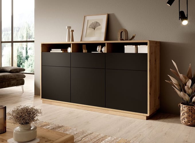 Meubella - Dressoir Acuna - Mat zwart - Eiken - 180 cm