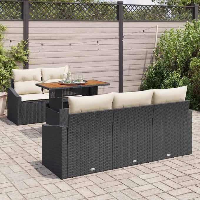 vidaXL Tuin Eettafel Set met kussen 6 pcs Zwart en Crème