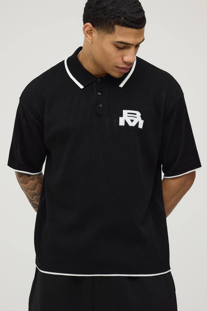 Oversized Boxy Polo Met Motografische Print Gebreid | Black | Size Medium