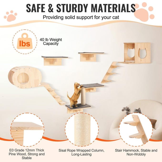 Wandmontage Kattenplanken Boom met Springplanken Nesten Hangmat Set van 7