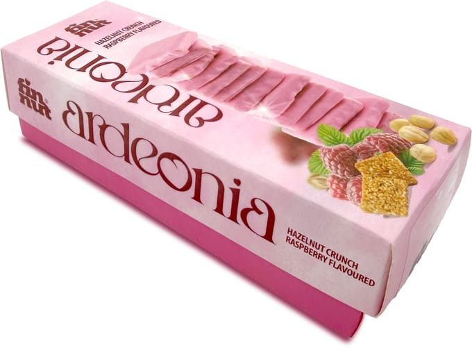 Ardeonia Hazelnootcrunch Framboos | Display 8 stuks × 110g | Hazelnut Crunch Raspberry Flavoured