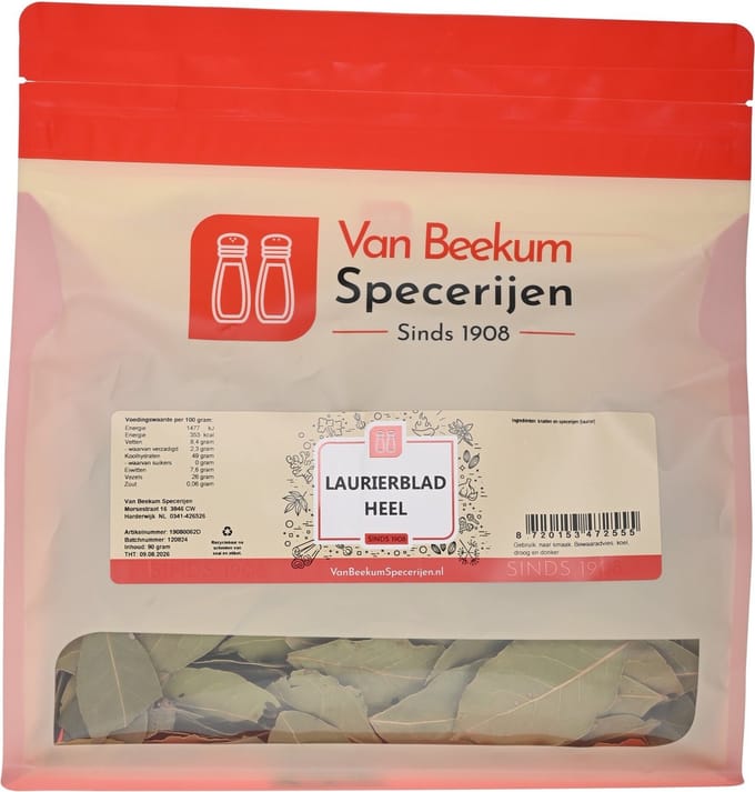 Van Beekum Specerijen - Laurierblad Heel - 90 Gram (hersluitbare stazak)
