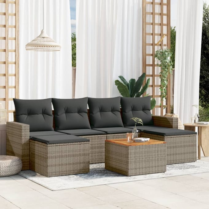 vidaXL - 7-delige - Loungeset - met - kussens - poly - rattan - grijs