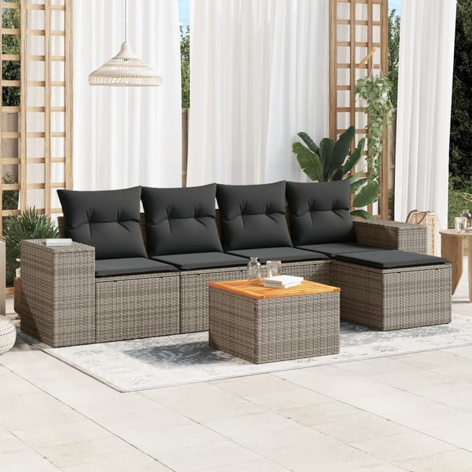 vidaXL - 6-delige - Loungeset - met - kussens - poly - rattan - grijs