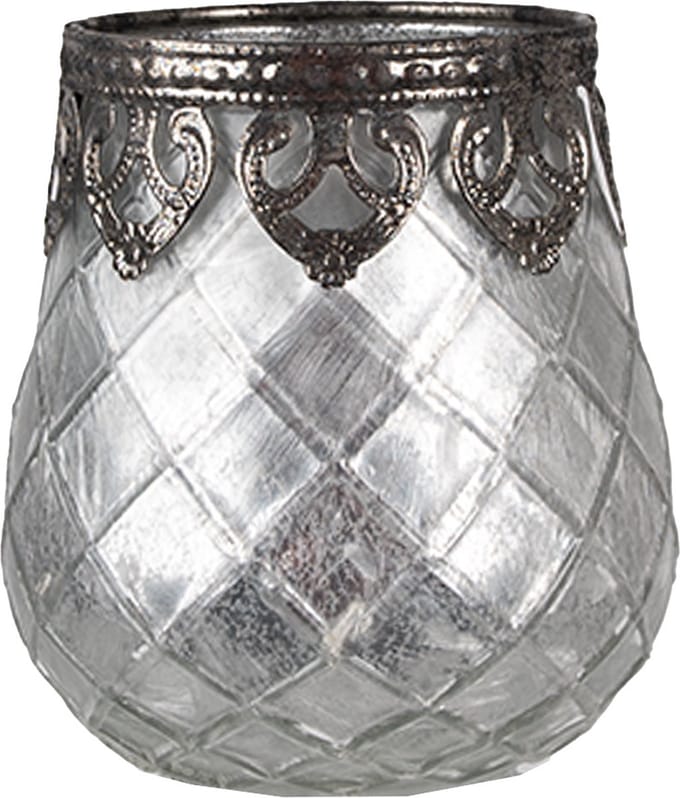 Clayre & Eef Theelichthouder Ø 9x11 cm Zilverkleurig Glas