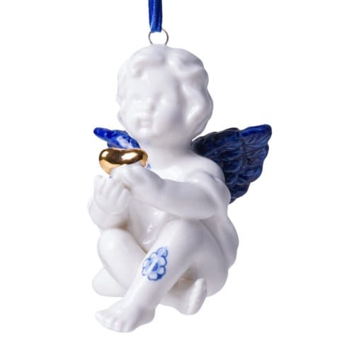 Heinen delfts blauw kerstornament - engel, 8 cm