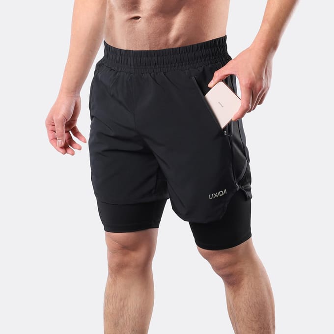Lixada Heren 2 in 1 hardloopshort Sneldrogend Ademend Actieve trainingsoefening Jogging Marathon M black