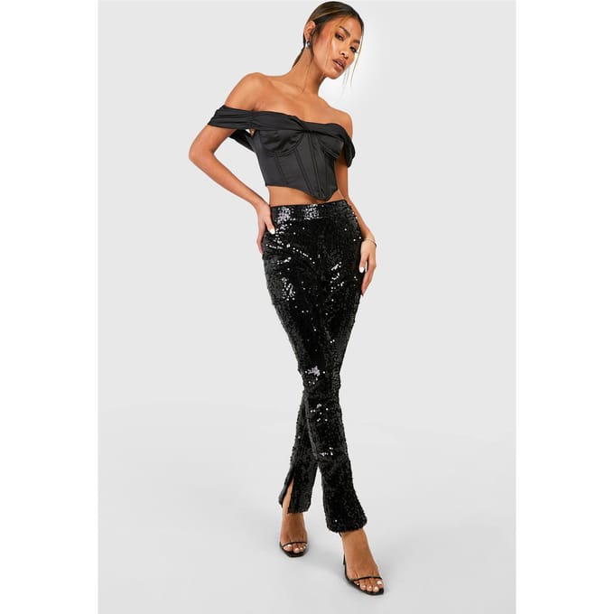 boohoo Dames Sequin Mid Rise Split Hem Broek | Black | Maat: 8