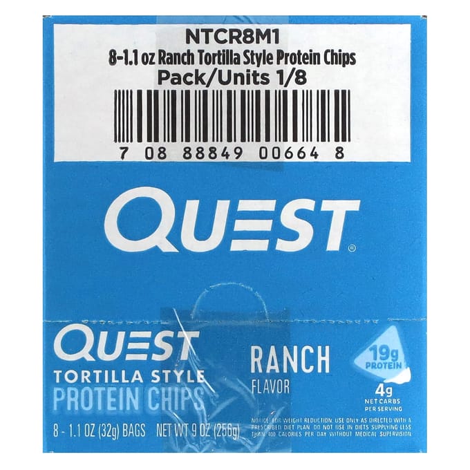 Quest Nutrition Protein Tortilla Chips (8x32g) Ranch - Functionele voeding - Eiwit Snacks