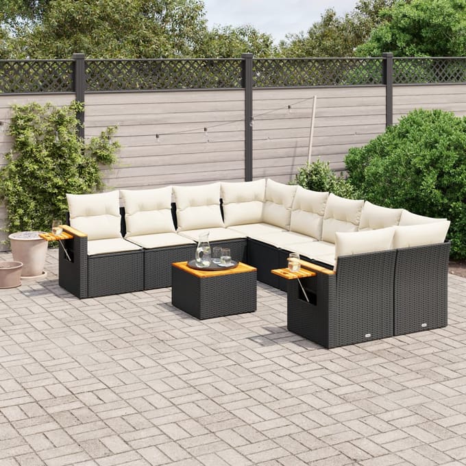 vidaXL - 9-delige - Loungeset - met - kussens - poly - rattan - zwart