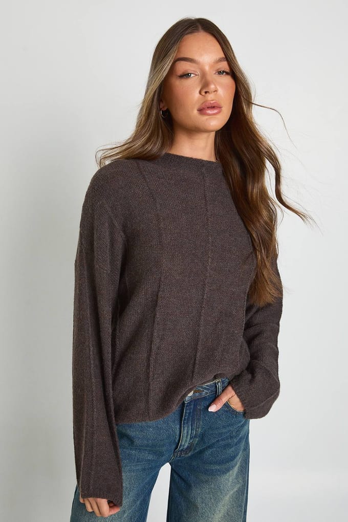boohoo Dames Naaddetail Hoge Hals Gebreide Trui | Chocolate | Maat: Medium