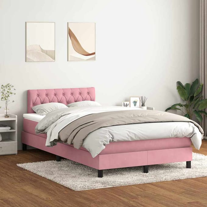 vidaXL - Boxspring - met - matras - en - LED - fluweel - roze - 120x220 - cm