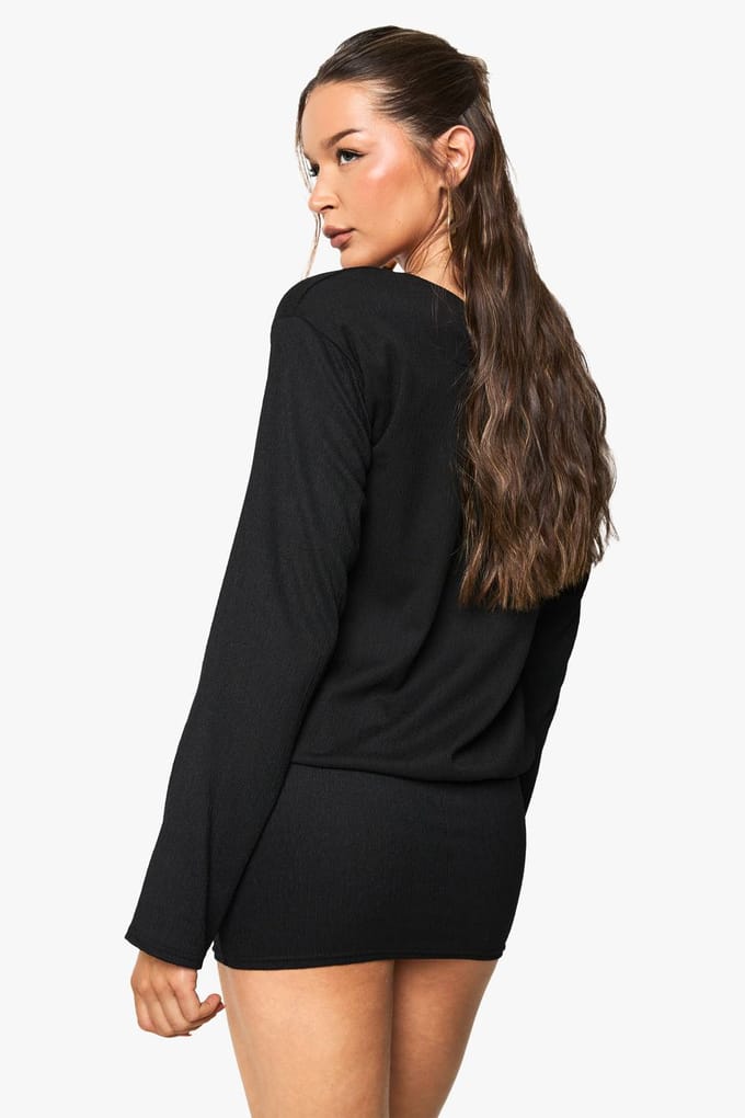 boohoo Dames Off the Shoulder Lang Mouw Bodycon Mini Jurk | Zwart | Maat: 44