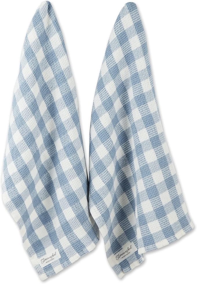 Set van 2 Gewassen Wafelstructuur Vaatdoeken - 18x28 cm - Stoffig Blauw Ruit