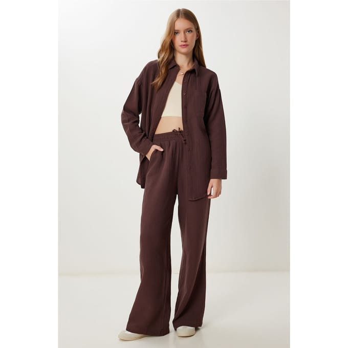 Hoge Taille Brede Pijpen Twee-Delig Co-ord Set met Kraag