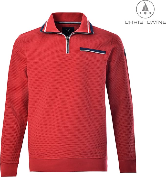 Chris Cayne heren sweatershirt - rood - korte rits - L - schipperskraag - structuur - borstzak