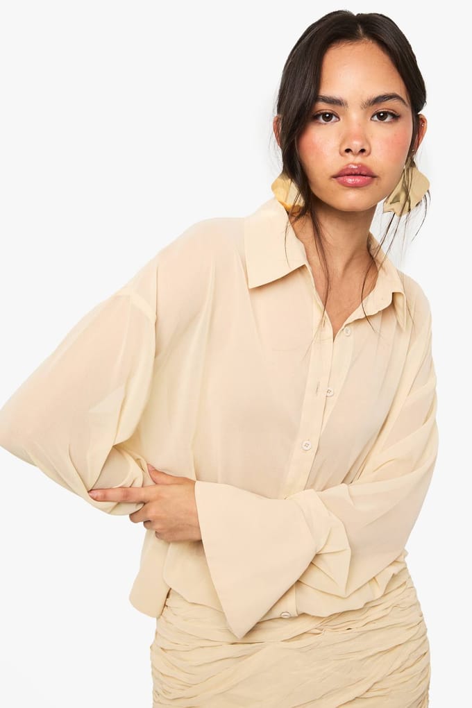boohoo Dames Chiffon Drop Waist Geplooid Hemdsjurk | Butter | Maat: 10