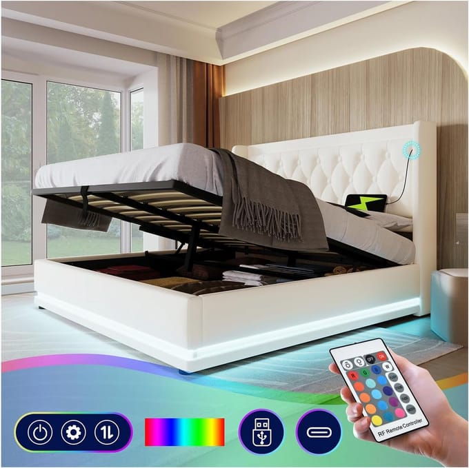 Tweepersoonsbed 140x200 met Opbergruimte, Hoofdeinde met LED en USB-C Opladen