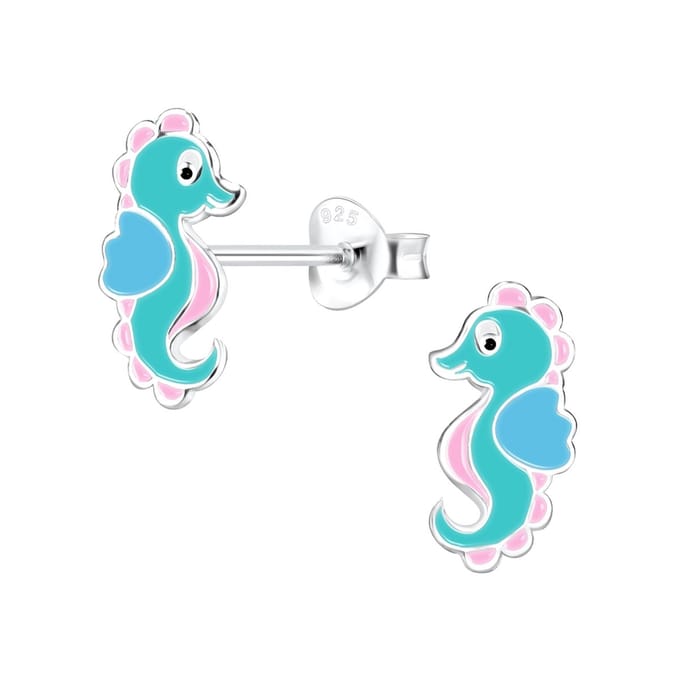 Oorbellen meisje zeepaardje - turquoise - roze