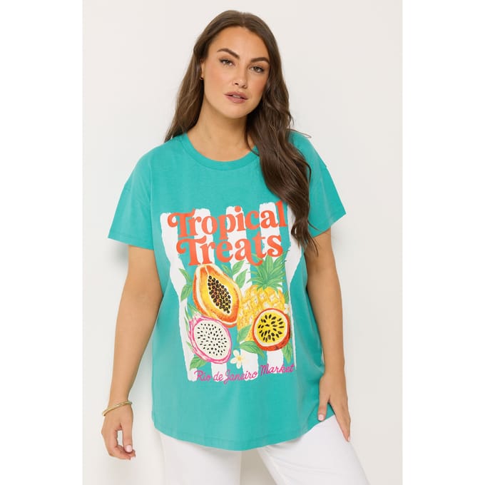 Yours Blauwgroen ‘Tropical Treats’ Tshirt Met Kralen Size 42