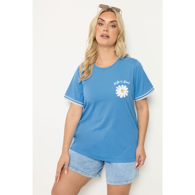 Yours Blauw Varsity Tshirt Met Madeliefjes Size 44