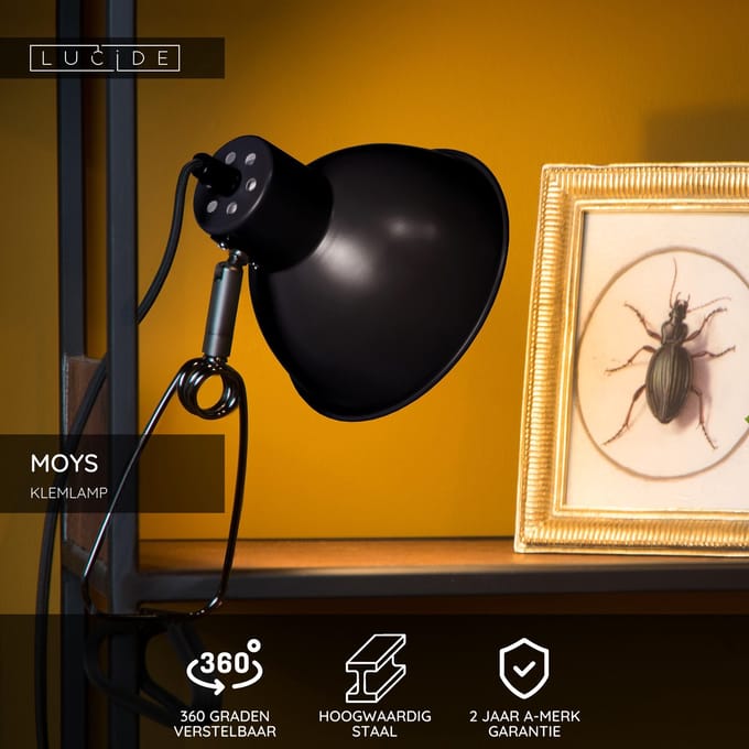 Lucide MOYS - Klemlamp - 1xE27 - Zwart