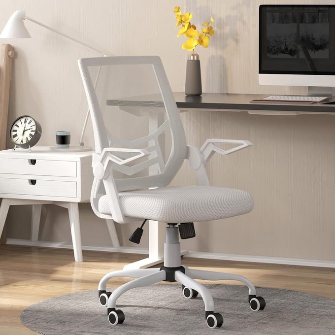 Bureaustoel Mesh - Ergonomische stoel - Thuiswerken - Opklapbare armleuningen - 94-104 cm hoog - Wit